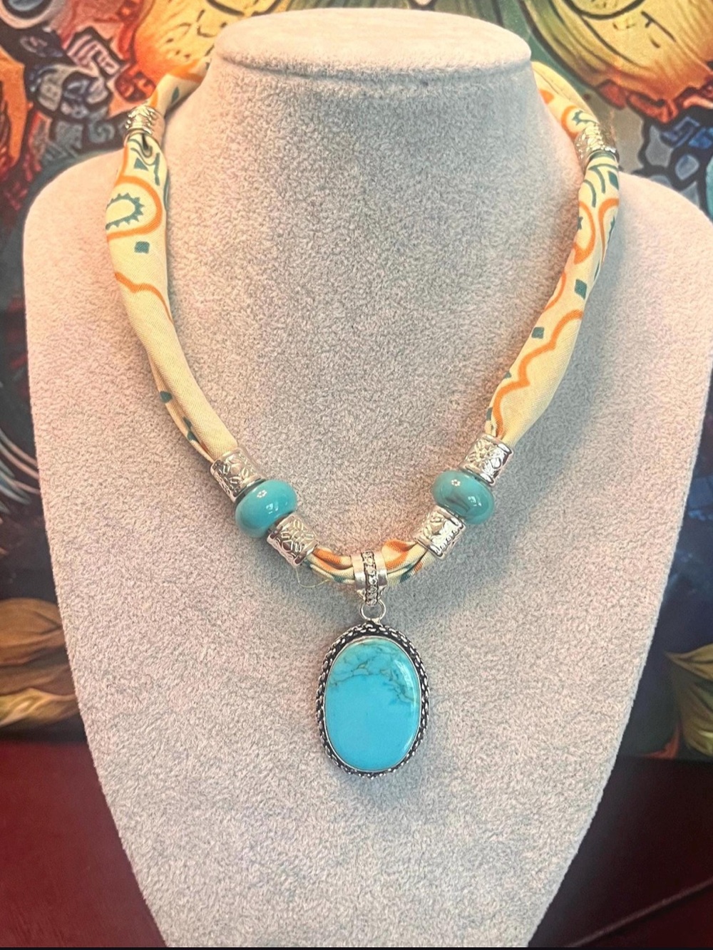 Turquoise Stone Pendant Necklace / Creamy Yellow Premium Bandana Scarf Necklace